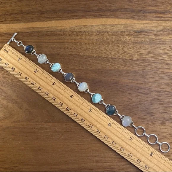 Multi Gemstone Bracelet Larimar Blue Labradorite Rainbow Moonstone Handmade 925 - Picture 8 of 9